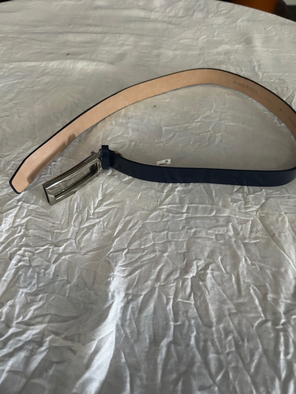 Anne Klein Reversible Navy and Beige Leather Belt with Silver Buckle M